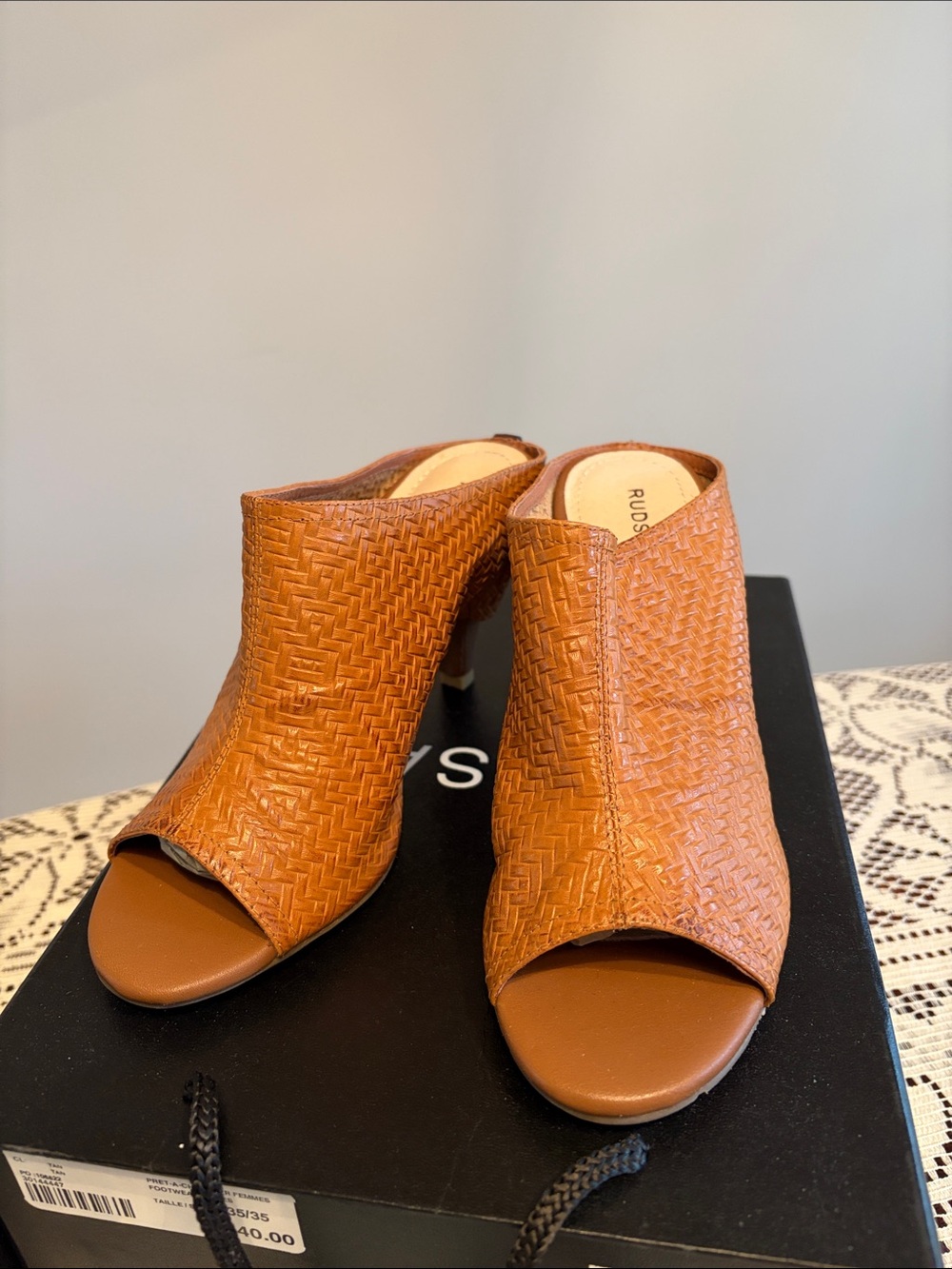 Tan Woven Leather Peep-Toe Mules
